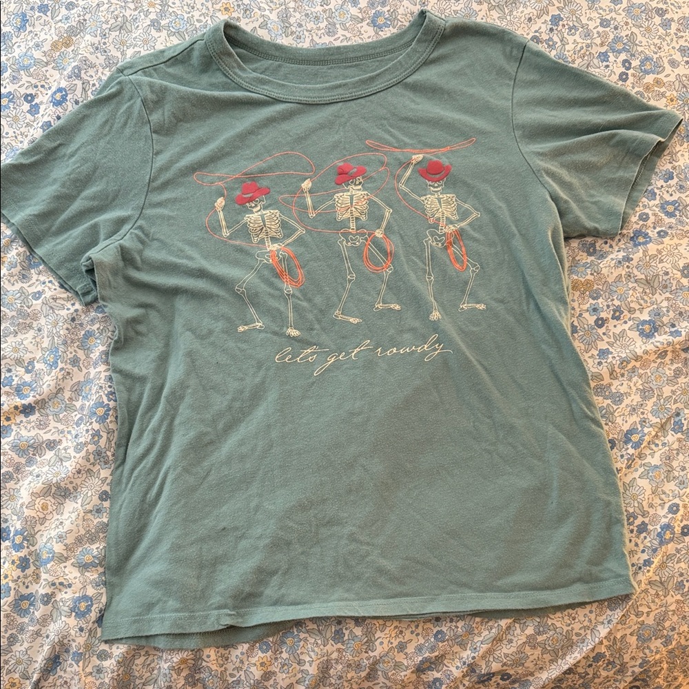 SHEIN Green Tee with Cowboy Skeletons
